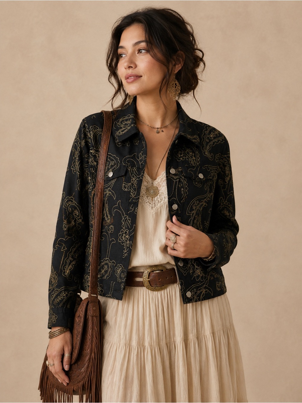 Silkland Jacket Black Silk Blend Paisley Embroidered Petite L Boho Luxe Eclectic